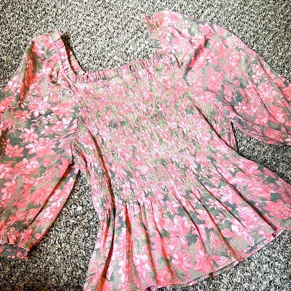 Pink and Green Floral off the shoulder blouse. Great for any occasion.